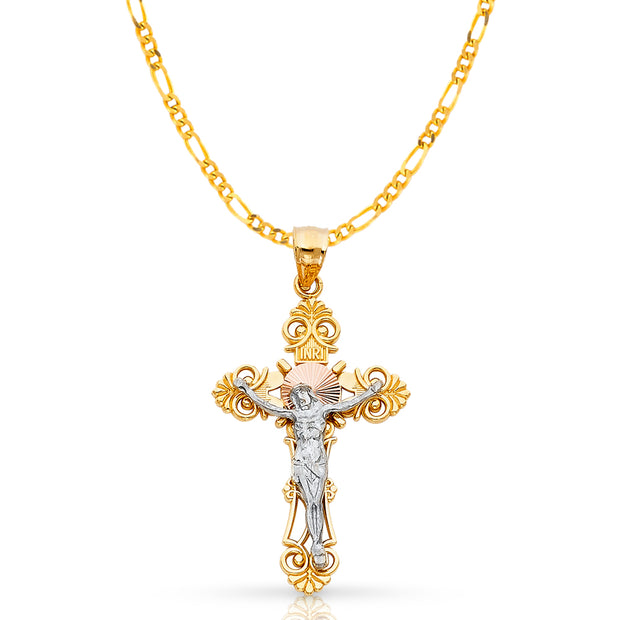 14K Gold Crucifix Cross Pendant with 3.8mm Figaro 3+1 Chain
