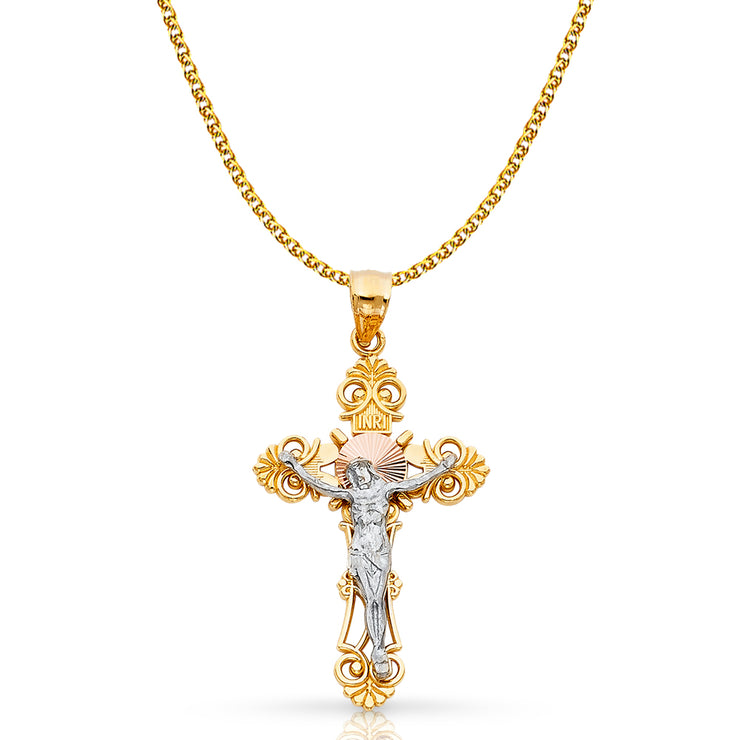 14K Gold Crucifix Cross Pendant with 1.7mm Flat Open Wheat Chain