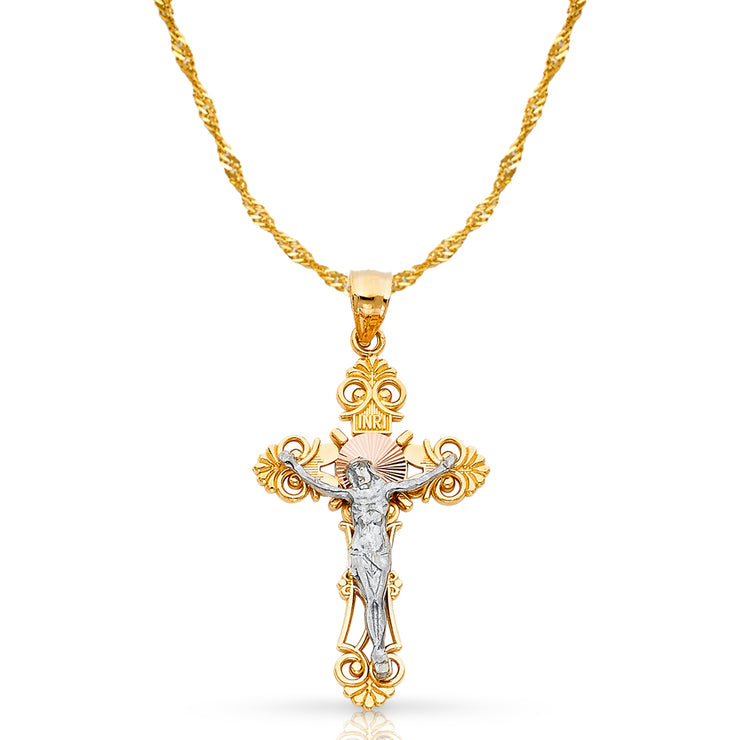 14K Gold Crucifix Cross Pendant with 1.8mm Singapore Chain