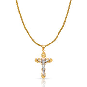 14K Gold Jesus Crucifix Cross Charm Pendant with 1.4mm Round Wheat Chain Necklace
