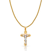 14K Gold Jesus Crucifix Cross Charm Pendant with 1.4mm Round Wheat Chain Necklace