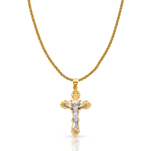 14K Gold Jesus Crucifix Cross Charm Pendant with 1.4mm Round Wheat Chain Necklace