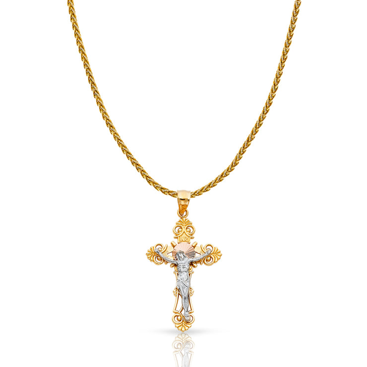 14K Gold Jesus Crucifix Cross Charm Pendant with 1.4mm Round Wheat Chain Necklace