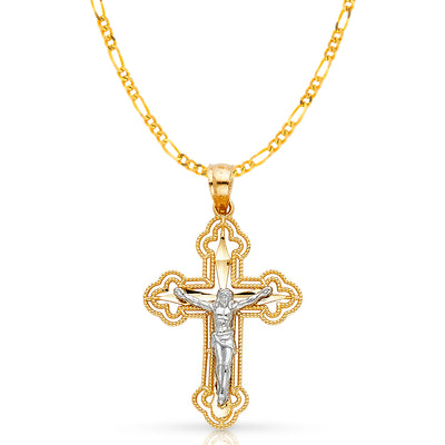 14K Gold Crucifix Cross Pendant with 2.3mm Figaro 3+1 Chain