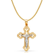 14K Gold Crucifix Cross Pendant with 1.5mm Flat Open Wheat Chain