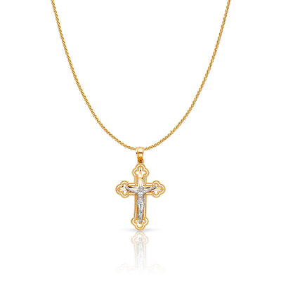 14K Gold Jesus Crucifix Cross Charm Pendant with 0.9mm Wheat Chain Necklace