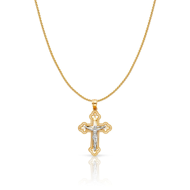 14K Gold Jesus Crucifix Cross Charm Pendant with 0.9mm Wheat Chain Necklace