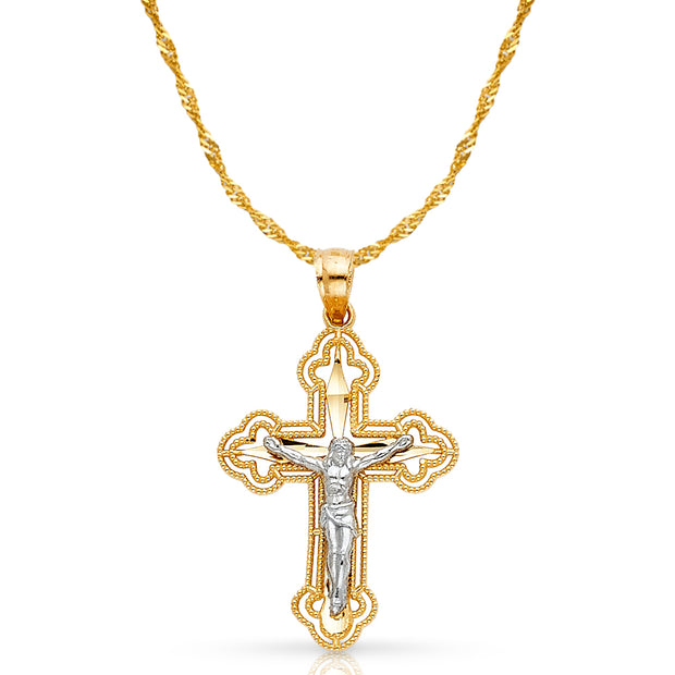 14K Gold Crucifix Cross Pendant with 1.2mm Singapore Chain