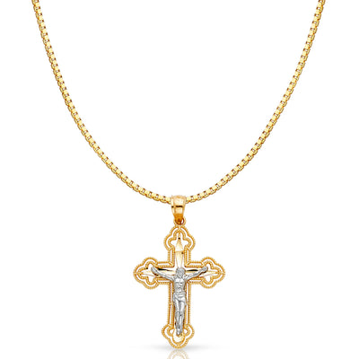 14K Gold Jesus Crucifix Cross Religious Charm Pendant with 1.2mm Box Chain Necklace