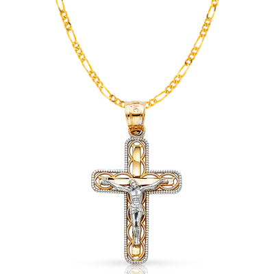 14K Gold Crucifix Cross Pendant with 2.3mm Figaro 3+1 Chain