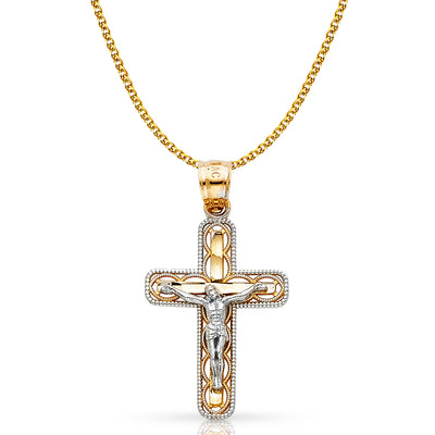 14K Gold Crucifix Cross Pendant with 1.5mm Flat Open Wheat Chain