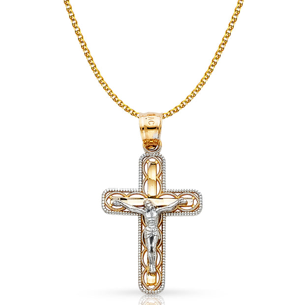 14K Gold Crucifix Cross Pendant with 1.5mm Flat Open Wheat Chain