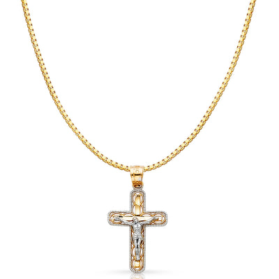 14K Gold Jesus Crucifix Cross Religious Charm Pendant with 0.8mm Box Chain Necklace