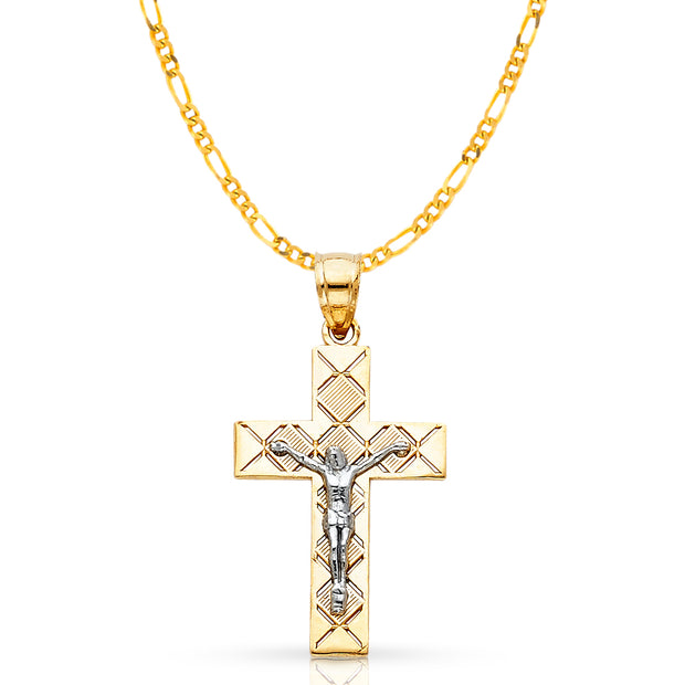 14K Gold Crucifix Cross Pendant with 2.3mm Figaro 3+1 Chain