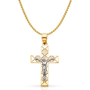 14K Gold Crucifix Cross Pendant with 1.5mm Flat Open Wheat Chain