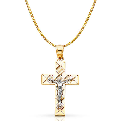 14K Gold Crucifix Cross Pendant with 1.5mm Flat Open Wheat Chain