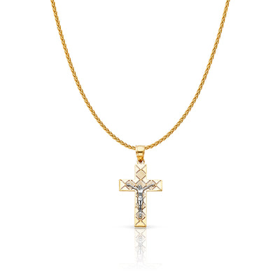 14K Gold Jesus Crucifix Cross Charm Pendant with 1.1mm Wheat Chain Necklace