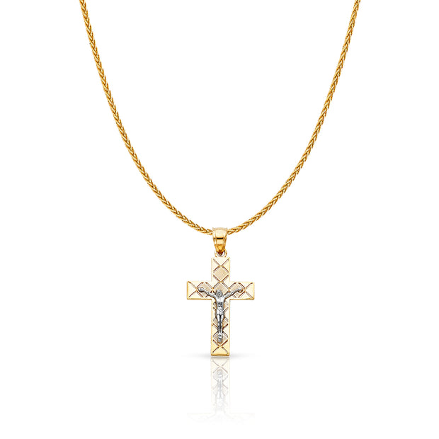 14K Gold Jesus Crucifix Cross Charm Pendant with 1.1mm Wheat Chain Necklace