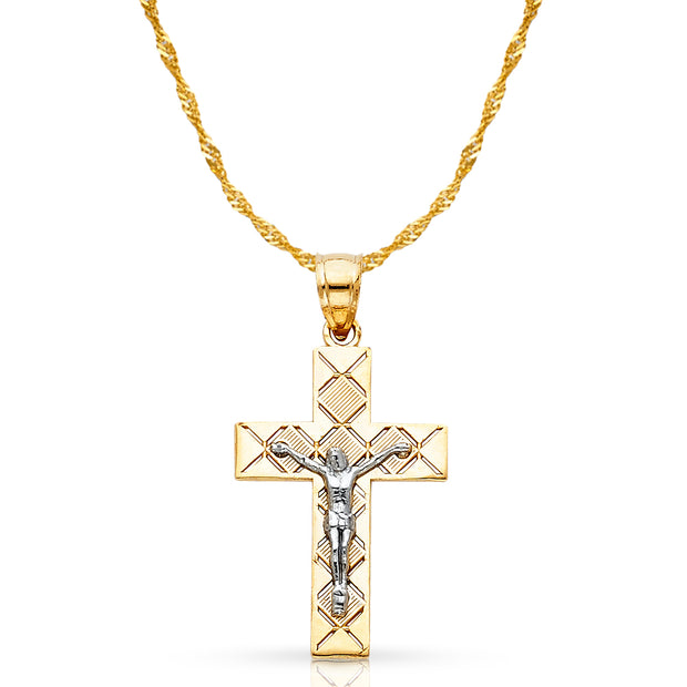 14K Gold Crucifix Cross Pendant with 1.2mm Singapore Chain