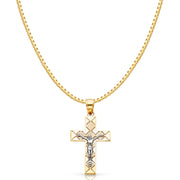 14K Gold Jesus Crucifix Cross Religious Charm Pendant with 1.2mm Box Chain Necklace