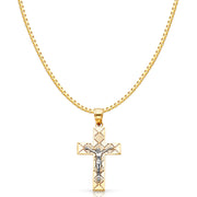 14K Gold Jesus Crucifix Cross Religious Charm Pendant with 1.2mm Box Chain Necklace