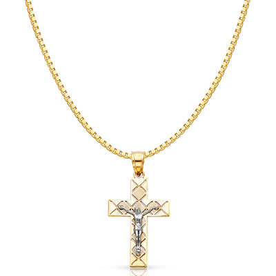 14K Gold Jesus Crucifix Cross Religious Charm Pendant with 1.2mm Box Chain Necklace