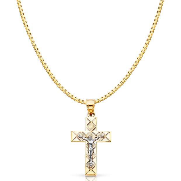 14K Gold Jesus Crucifix Cross Religious Charm Pendant with 1.2mm Box Chain Necklace