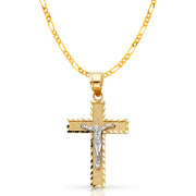 14K Gold Crucifix Cross Pendant with 2.3mm Figaro 3+1 Chain