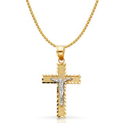 14K Gold Crucifix Cross Pendant with 1.5mm Flat Open Wheat Chain