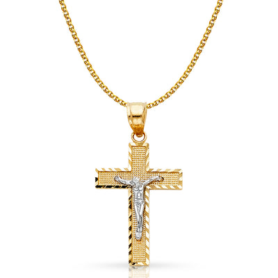 14K Gold Crucifix Cross Pendant with 1.5mm Flat Open Wheat Chain