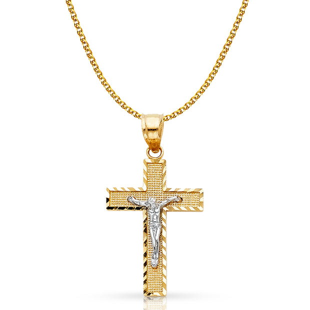 14K Gold Crucifix Cross Pendant with 1.5mm Flat Open Wheat Chain