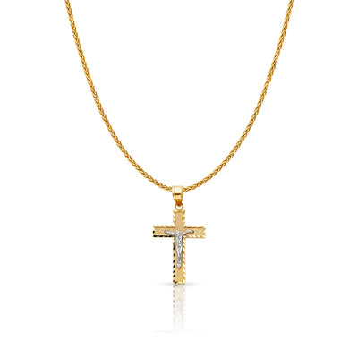 14K Gold Jesus Crucifix Cross Charm Pendant with 1.1mm Wheat Chain Necklace