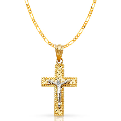 14K Gold Crucifix Cross Pendant with 2.3mm Figaro 3+1 Chain