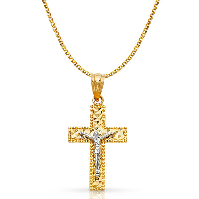 14K Gold Crucifix Cross Pendant with 1.5mm Flat Open Wheat Chain