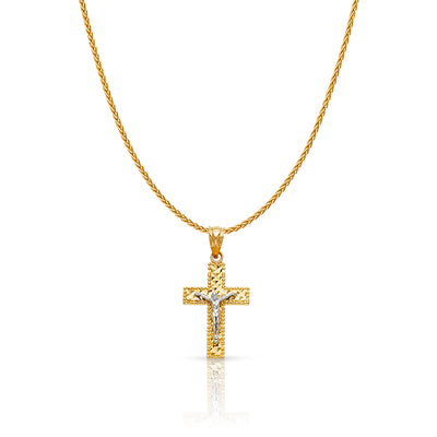 14K Gold Jesus Crucifix Cross Charm Pendant with 1.1mm Wheat Chain Necklace