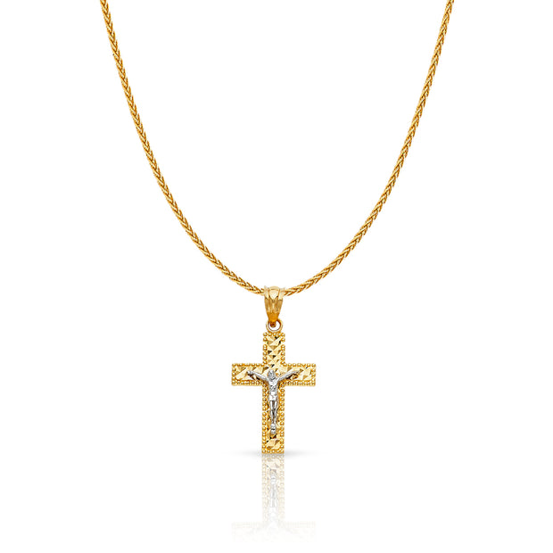 14K Gold Jesus Crucifix Cross Charm Pendant with 1.1mm Wheat Chain Necklace