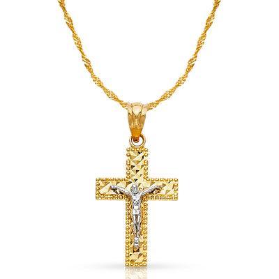 14K Gold Crucifix Cross Pendant with 1.2mm Singapore Chain