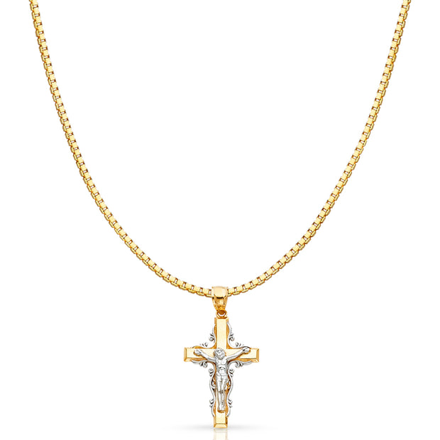 14K Gold Jesus Crucifix Cross Religious Charm Pendant with 1.2mm Box Chain Necklace