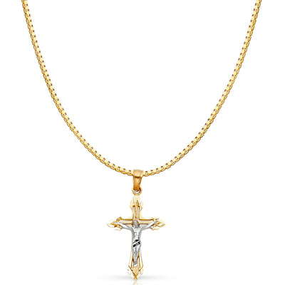 14K Gold Jesus Crucifix Cross Religious Charm Pendant with 0.8mm Box Chain Necklace