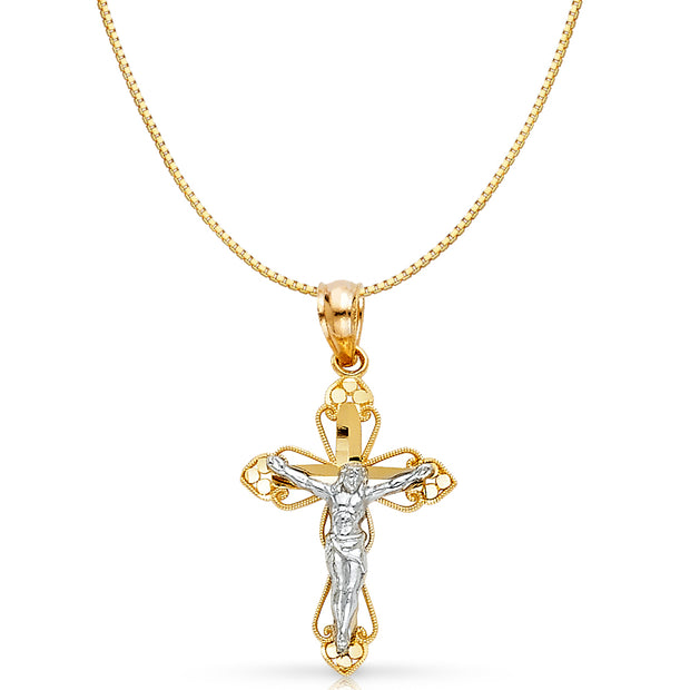 14K Gold Jesus Crucifix Cross Religious Charm Pendant with 0.8mm Box Chain Necklace