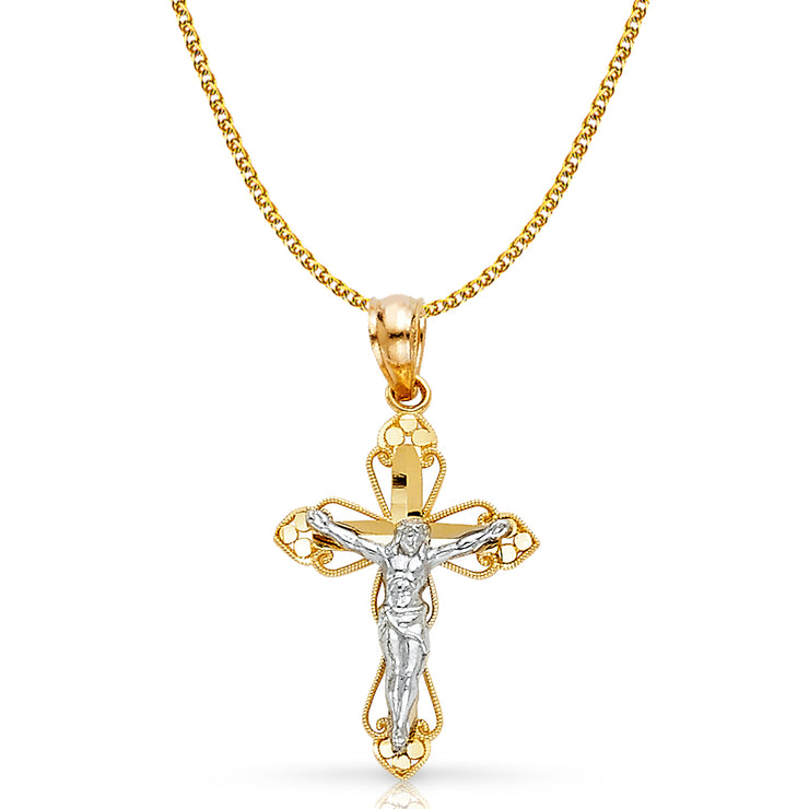 14K Gold Crucifix Cross Pendant with 1.2mm Flat Open Wheat Chain