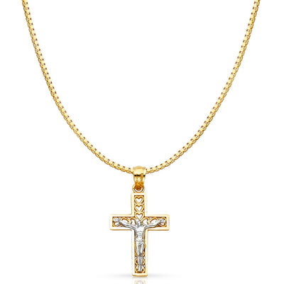 14K Gold Jesus Crucifix Cross Religious Charm Pendant with 0.8mm Box Chain Necklace