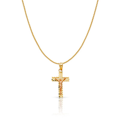 14K Gold Jesus Crucifix Cross Charm Pendant with 0.9mm Wheat Chain Necklace