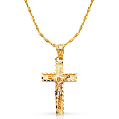 14K Gold Crucifix Cross Pendant with 0.9mm Singapore Chain