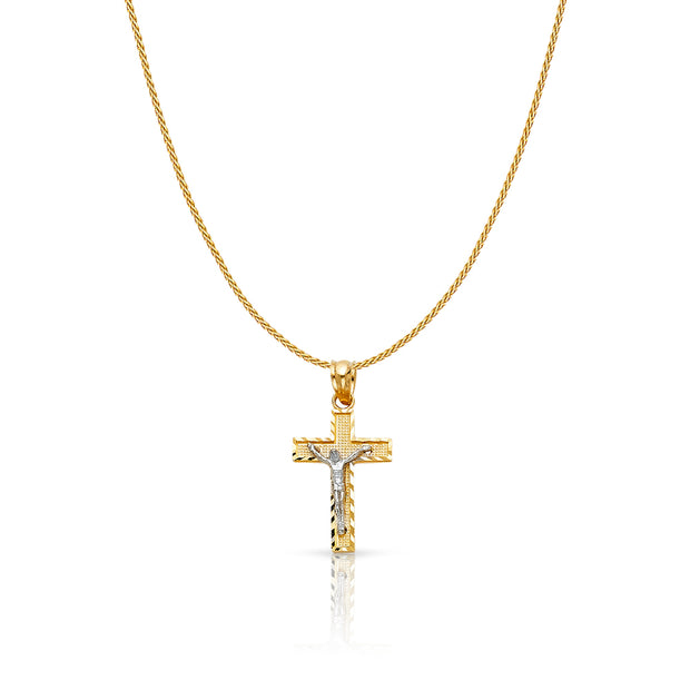 14K Gold Jesus Crucifix Cross Charm Pendant with 0.9mm Wheat Chain Necklace