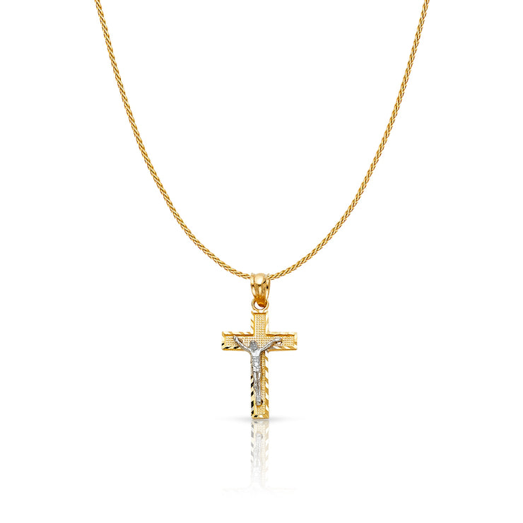 14K Gold Jesus Crucifix Cross Charm Pendant with 0.9mm Wheat Chain Necklace