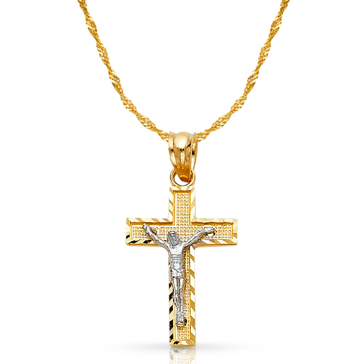 14K Gold Crucifix Cross Pendant with 0.9mm Singapore Chain