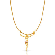 14K Gold Jesus Body Crucifix Cross Charm Pendant with 1.1mm Wheat Chain Necklace
