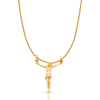 14K Gold Jesus Body Crucifix Cross Charm Pendant with 1.1mm Wheat Chain Necklace