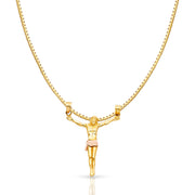 14K Gold Jesus Body Crucifix Cross Religious Charm Pendant with 0.8mm Box Chain Necklace